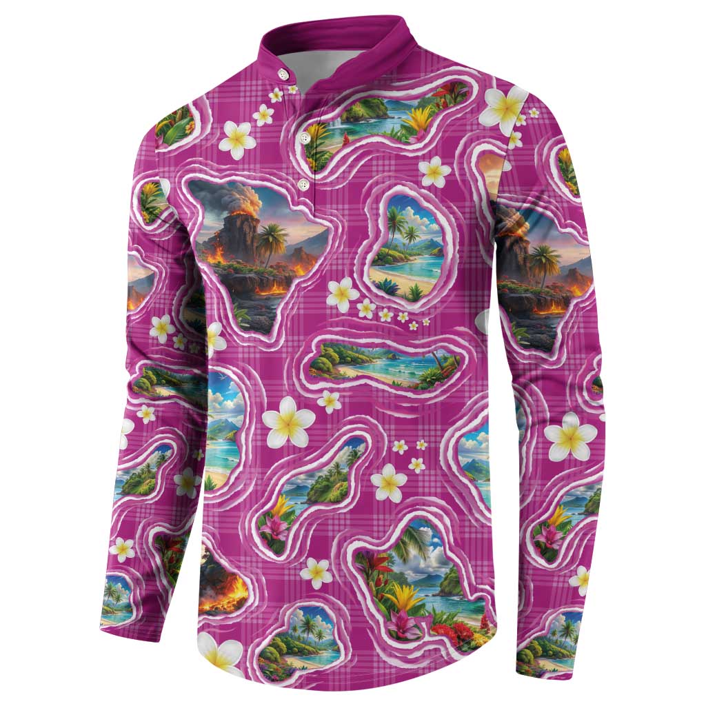 Hawaiian Island Shapes-Iconic Landscape Button Sweatshirt with Plumeria and Palaka Pink Color LT03 - Polynesian Pride