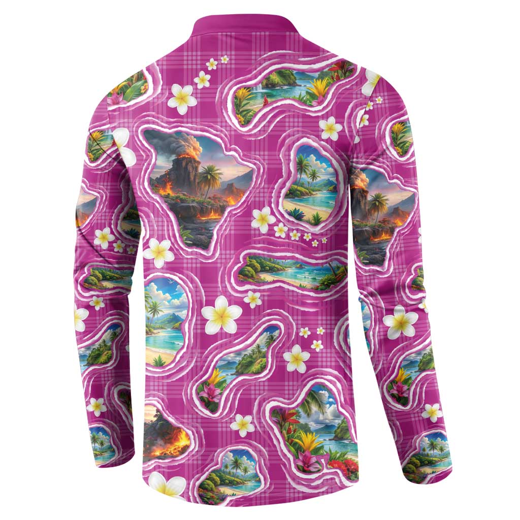 Hawaiian Island Shapes-Iconic Landscape Button Sweatshirt with Plumeria and Palaka Pink Color LT03 - Polynesian Pride