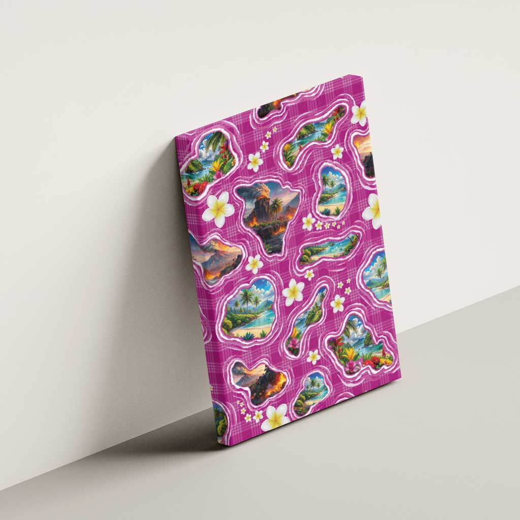 Hawaiian Island Shapes-Iconic Landscape Canvas Wall Art with Plumeria and Palaka Pink Color LT03 - Polynesian Pride