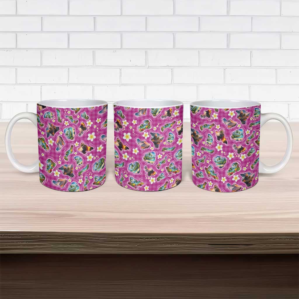 Hawaiian Island Shapes-Iconic Landscape Ceramic Mug with Plumeria and Palaka Pink Color LT03 - Polynesian Pride