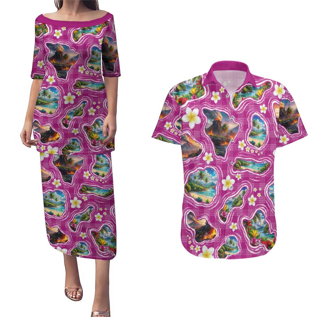 Hawaiian Island Shapes-Iconic Landscape Couples Matching Puletasi and Hawaiian Shirt with Plumeria and Palaka Pink Color