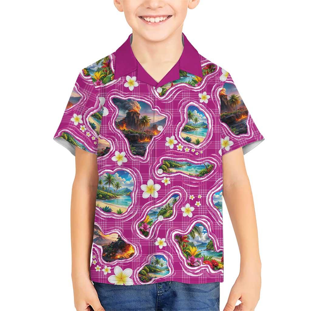 Hawaiian Island Shapes-Iconic Landscape Family Matching Mermaid Dress and Hawaiian Shirt with Plumeria and Palaka Pink Color LT03 Son's Shirt Pink - Polynesian Pride