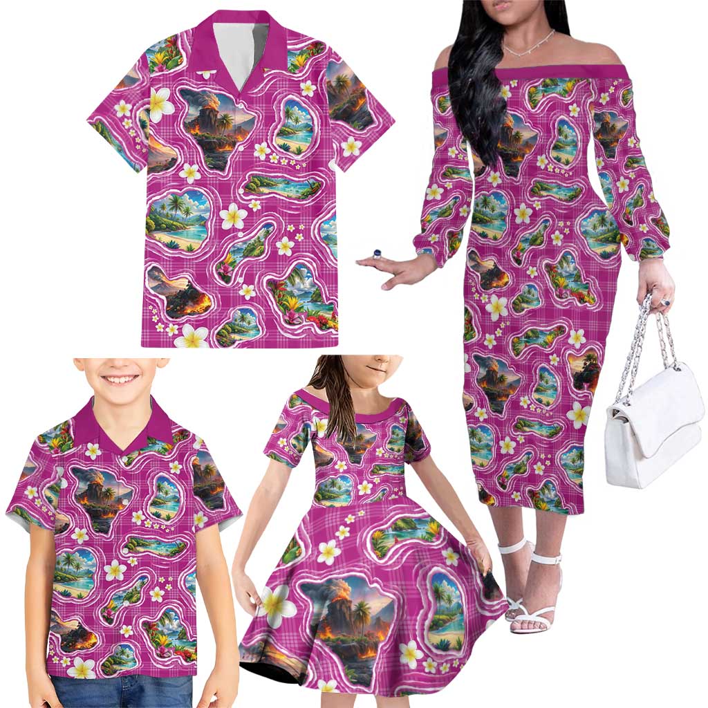 Hawaiian Island Shapes-Iconic Landscape Family Matching Off The Shoulder Long Sleeve Dress and Hawaiian Shirt with Plumeria and Palaka Pink Color