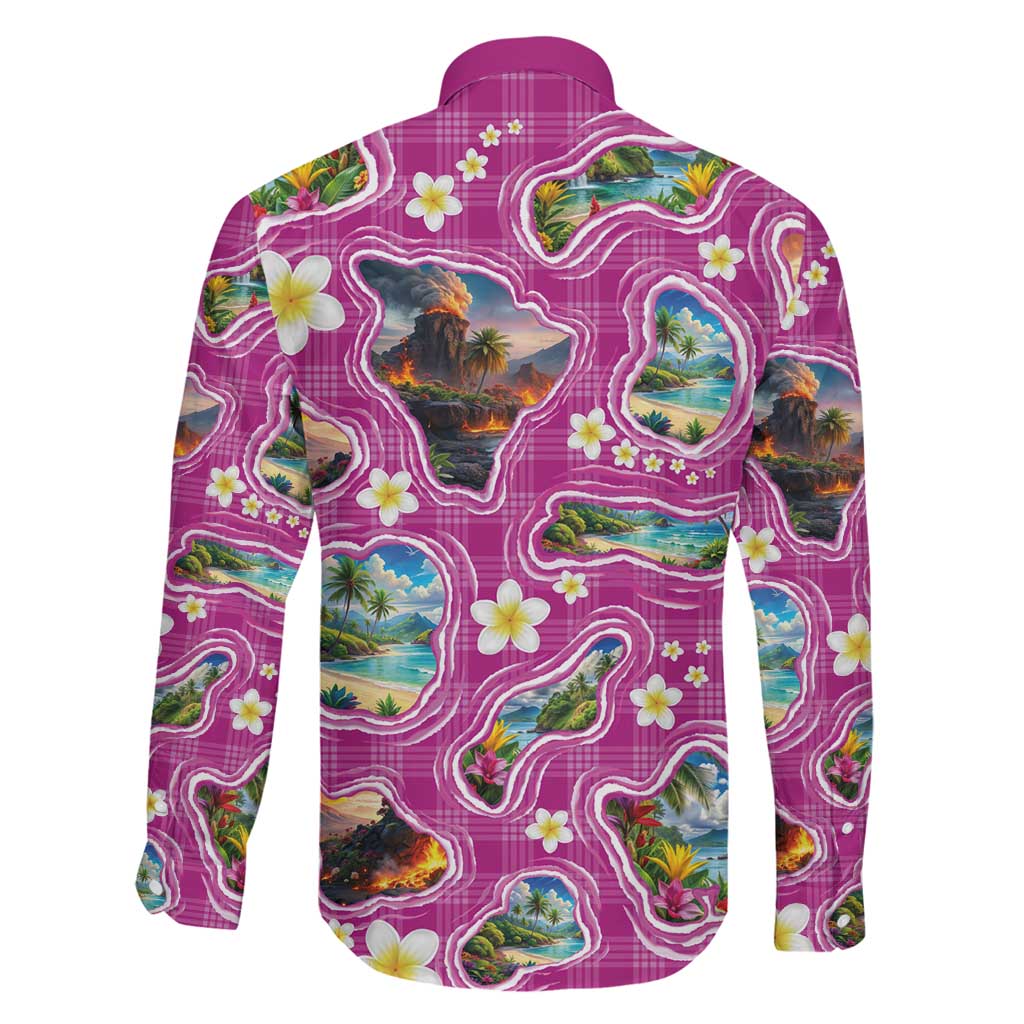 Hawaiian Island Shapes-Iconic Landscape Family Matching Off Shoulder Maxi Dress and Hawaiian Shirt with Plumeria and Palaka Pink Color LT03 - Polynesian Pride