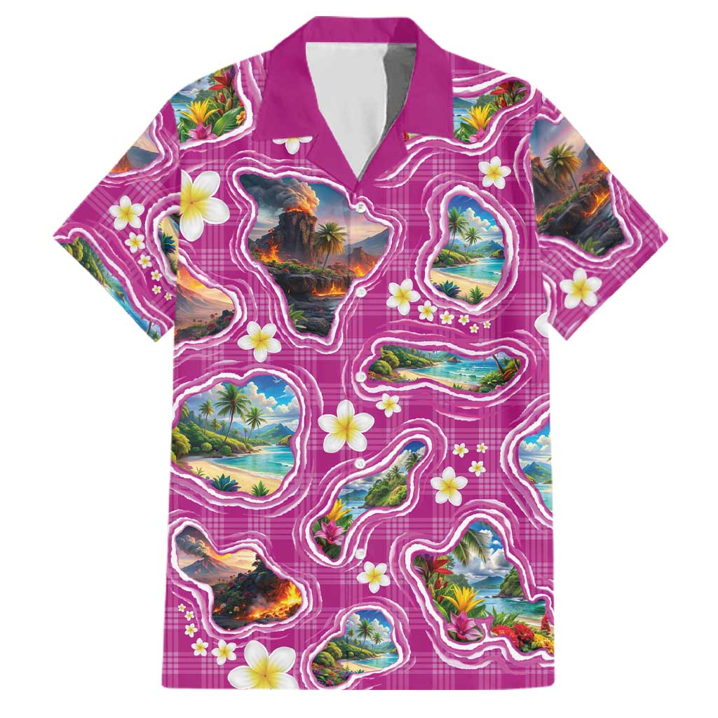 Hawaiian Island Shapes-Iconic Landscape Family Matching Off Shoulder Short Dress and Hawaiian Shirt with Plumeria and Palaka Pink Color LT03 Dad's Shirt - Short Sleeve Pink - Polynesian Pride