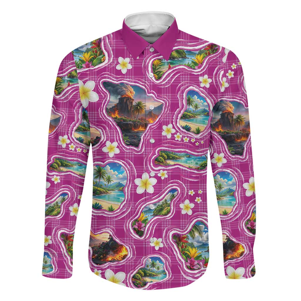 Hawaiian Island Shapes-Iconic Landscape Family Matching Off Shoulder Short Dress and Hawaiian Shirt with Plumeria and Palaka Pink Color LT03 Dad's Shirt - Long Sleeve Pink - Polynesian Pride
