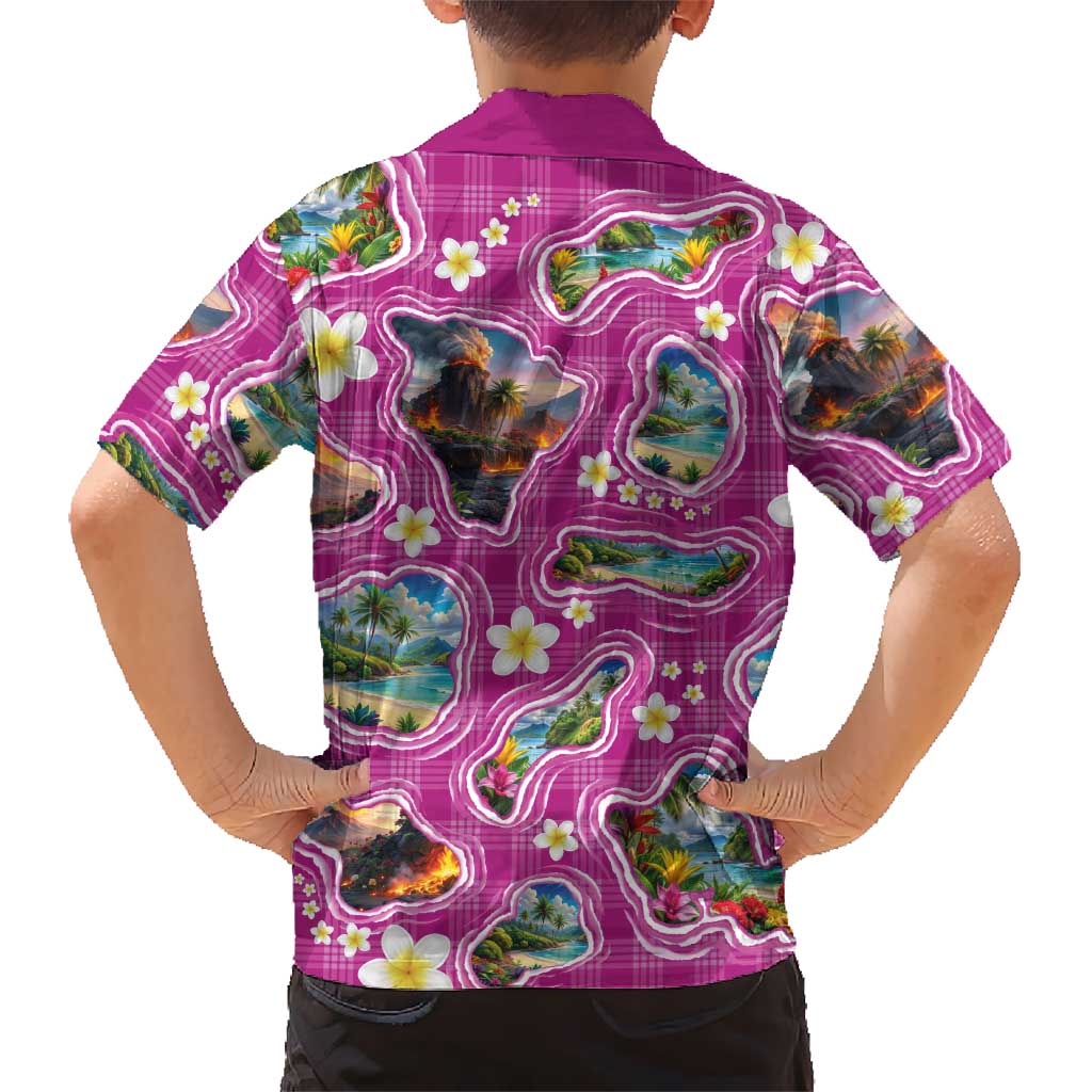 Hawaiian Island Shapes-Iconic Landscape Family Matching Short Sleeve Bodycon Dress and Hawaiian Shirt with Plumeria and Palaka Pink Color LT03 - Polynesian Pride