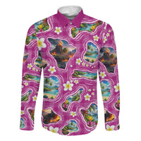 Hawaiian Island Shapes-Iconic Landscape Family Matching Short Sleeve Bodycon Dress and Hawaiian Shirt with Plumeria and Palaka Pink Color LT03 Dad's Shirt - Long Sleeve Pink - Polynesian Pride