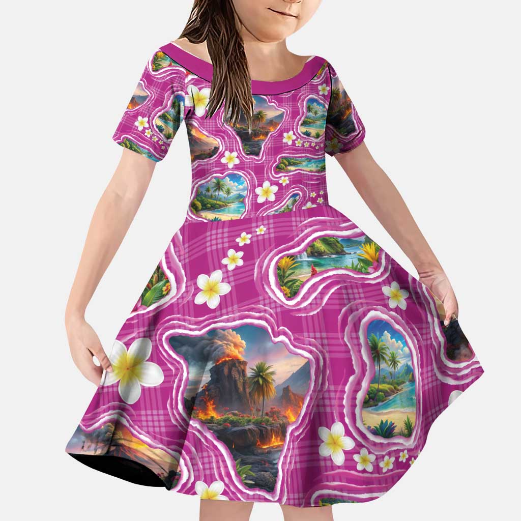 Hawaiian Island Shapes-Iconic Landscape Family Matching Tank Maxi Dress and Hawaiian Shirt with Plumeria and Palaka Pink Color LT03 Daughter's Dress Pink - Polynesian Pride