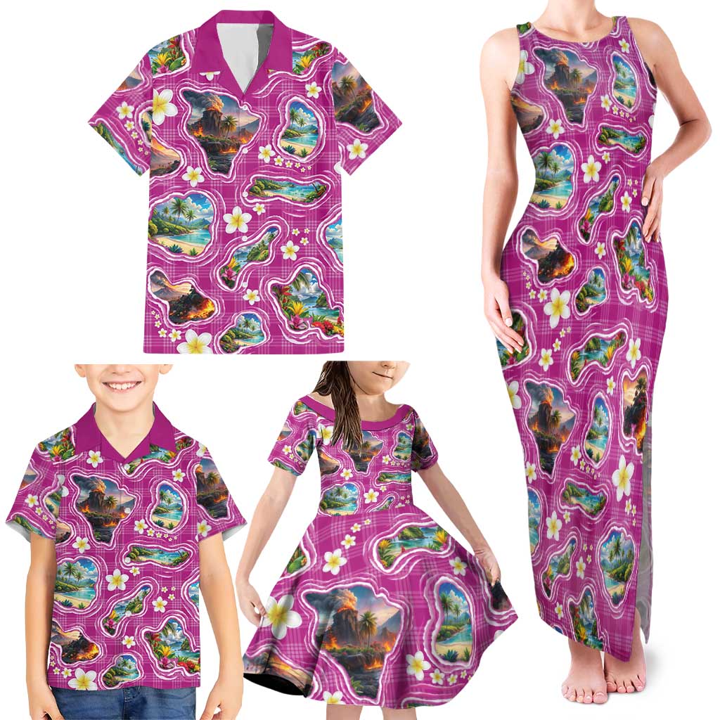 Hawaiian Island Shapes-Iconic Landscape Family Matching Tank Maxi Dress and Hawaiian Shirt with Plumeria and Palaka Pink Color