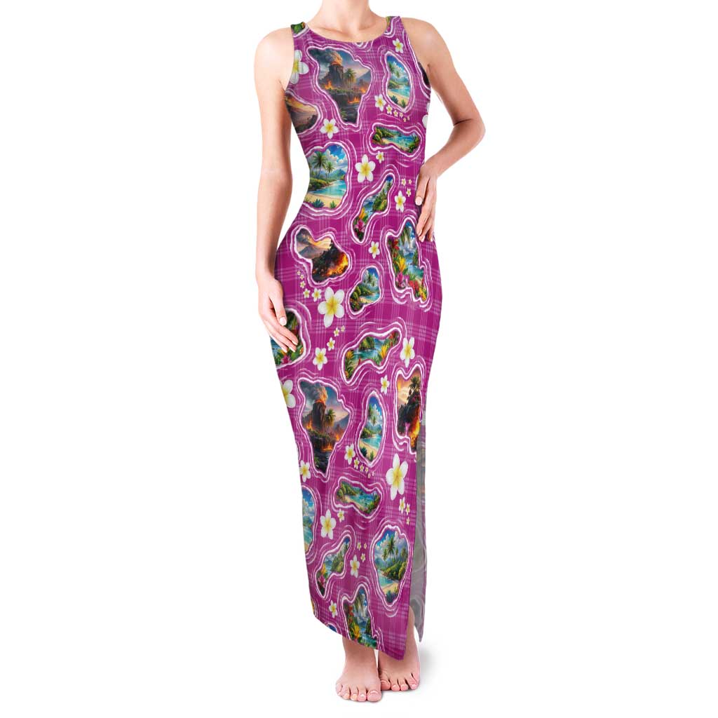 Hawaiian Island Shapes-Iconic Landscape Family Matching Tank Maxi Dress and Hawaiian Shirt with Plumeria and Palaka Pink Color LT03 Mom's Dress Pink - Polynesian Pride