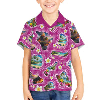 Hawaiian Island Shapes-Iconic Landscape Family Matching Tank Maxi Dress and Hawaiian Shirt with Plumeria and Palaka Pink Color LT03 Son's Shirt Pink - Polynesian Pride