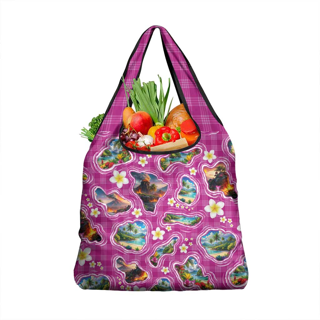 Hawaiian Island Shapes-Iconic Landscape Grocery Bag with Plumeria and Palaka Pink Color LT03 1-pack One Size Pink - Polynesian Pride
