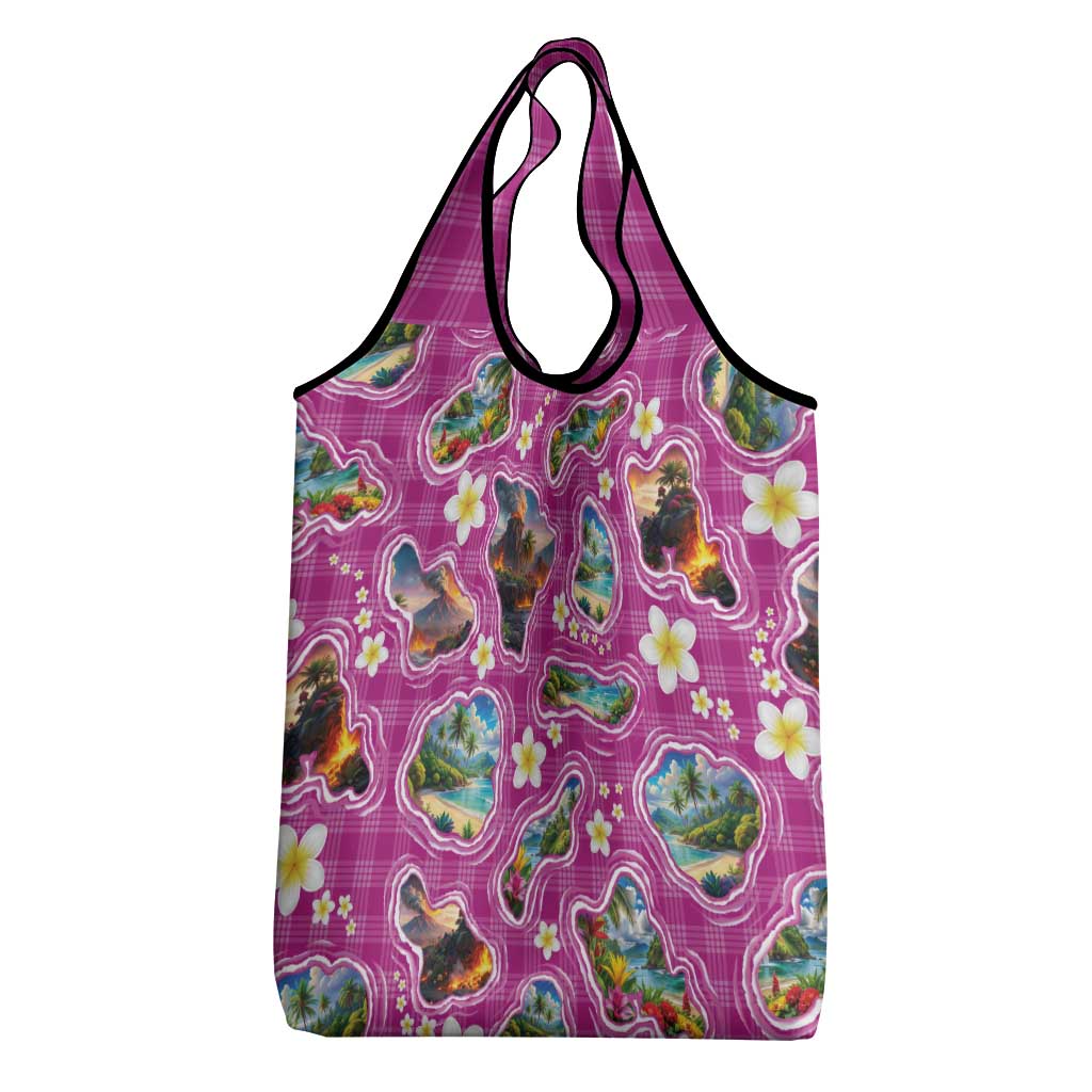 Hawaiian Island Shapes-Iconic Landscape Grocery Bag with Plumeria and Palaka Pink Color LT03 - Polynesian Pride