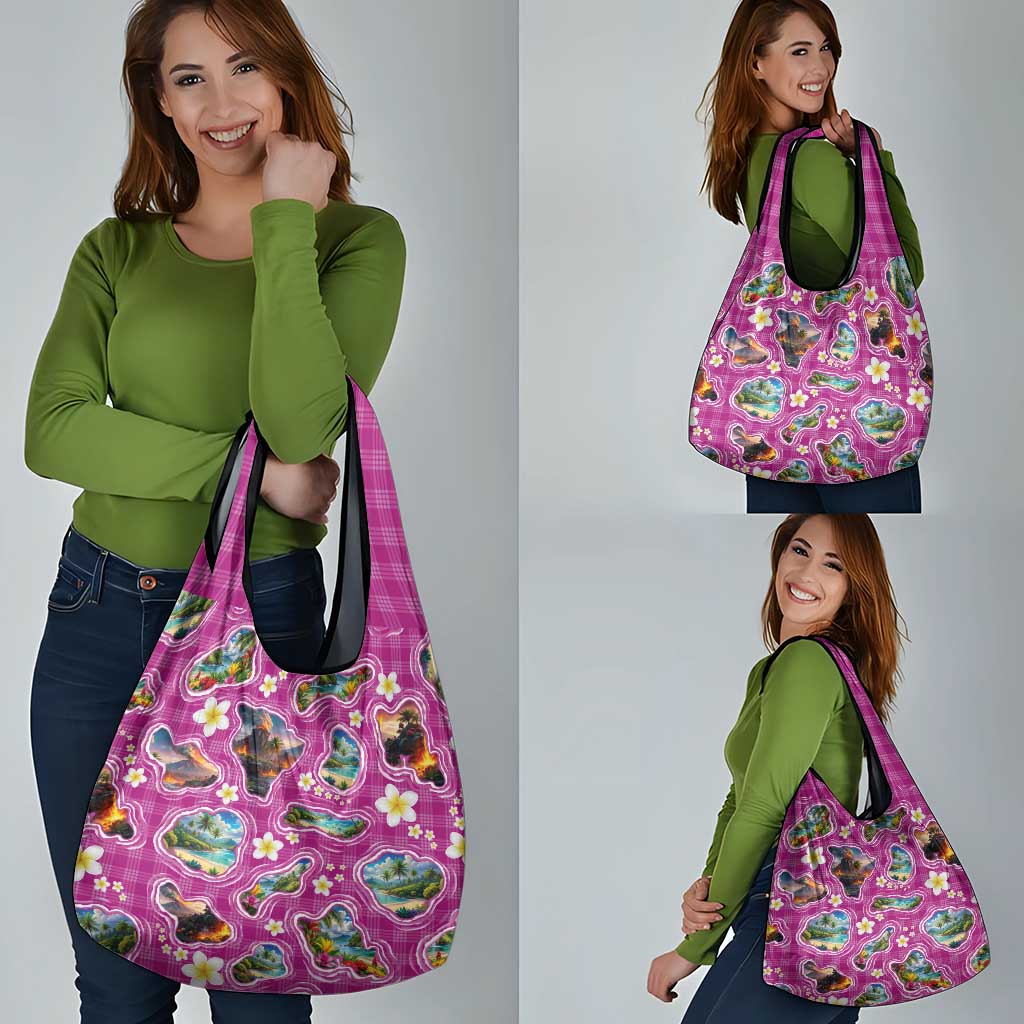 Hawaiian Island Shapes-Iconic Landscape Grocery Bag with Plumeria and Palaka Pink Color LT03 - Polynesian Pride