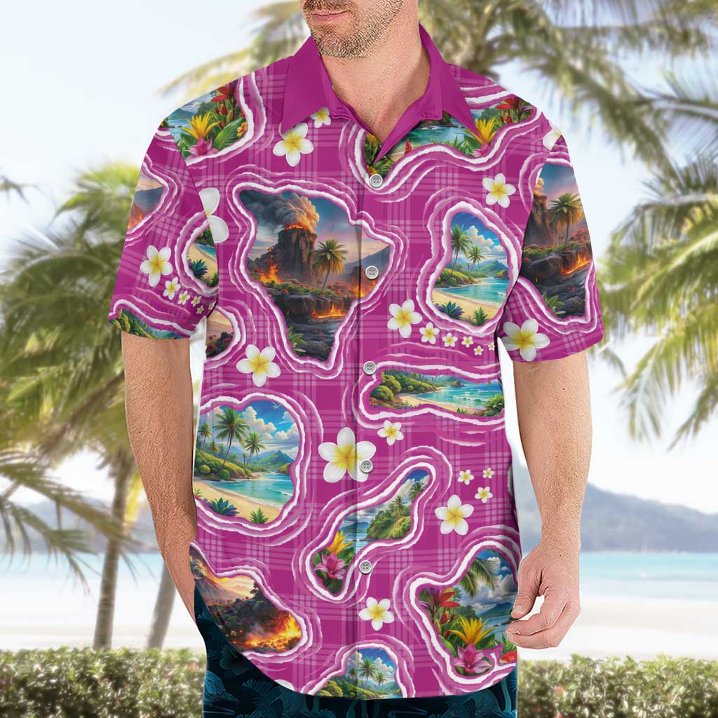 Hawaiian Island Shapes-Iconic Landscape Hawaiian Shirt with Plumeria and Palaka Pink Color LT03 - Polynesian Pride