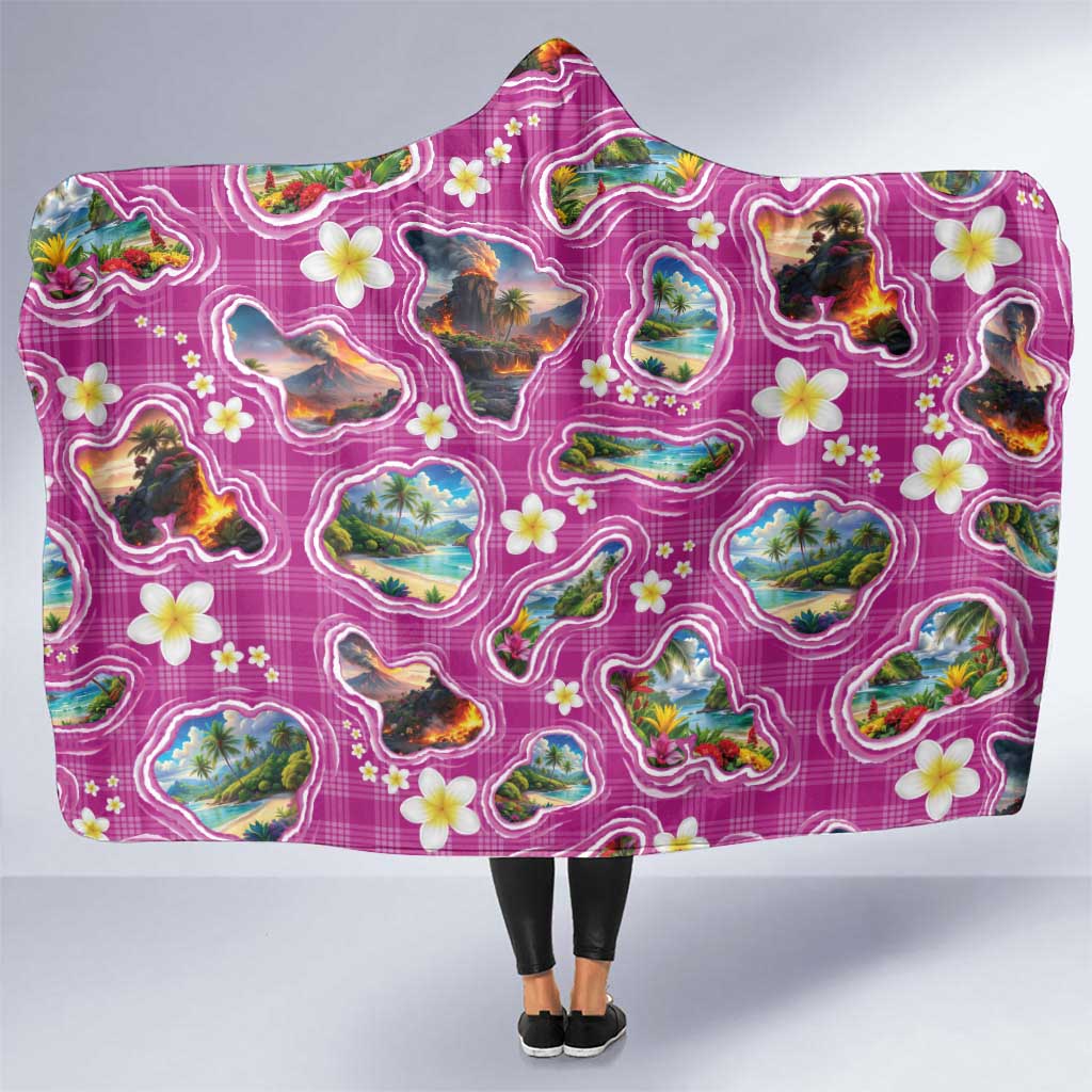 Hawaiian Island Shapes-Iconic Landscape Hooded Blanket with Plumeria and Palaka Pink Color LT03 One Size Pink - Polynesian Pride