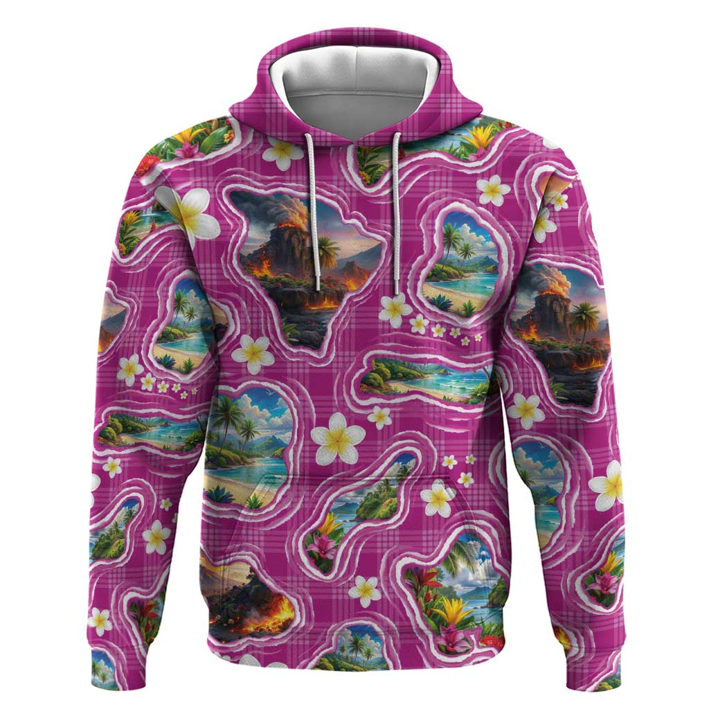 Hawaiian Island Shapes-Iconic Landscape Hoodie with Plumeria and Palaka Pink Color LT03 Pullover Hoodie Pink - Polynesian Pride