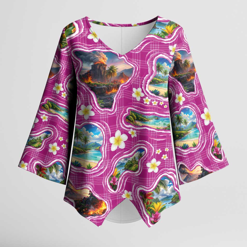 Hawaiian Island Shapes-Iconic Landscape Kimono Sleeve Blouse with Plumeria and Palaka Pink Color LT03 Female Pink - Polynesian Pride