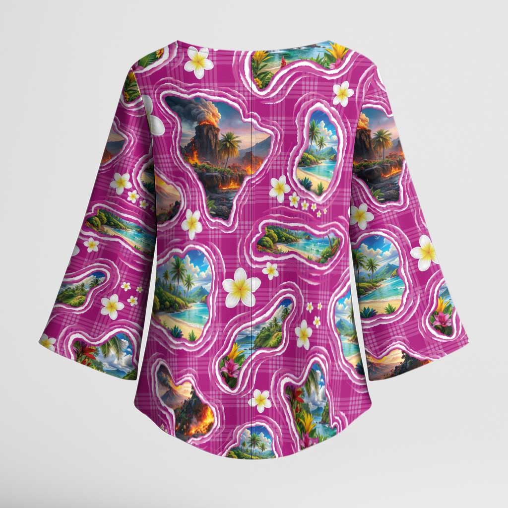 Hawaiian Island Shapes-Iconic Landscape Kimono Sleeve Blouse with Plumeria and Palaka Pink Color LT03 - Polynesian Pride