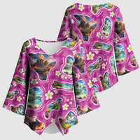 Hawaiian Island Shapes-Iconic Landscape Kimono Sleeve Blouse with Plumeria and Palaka Pink Color LT03 - Polynesian Pride