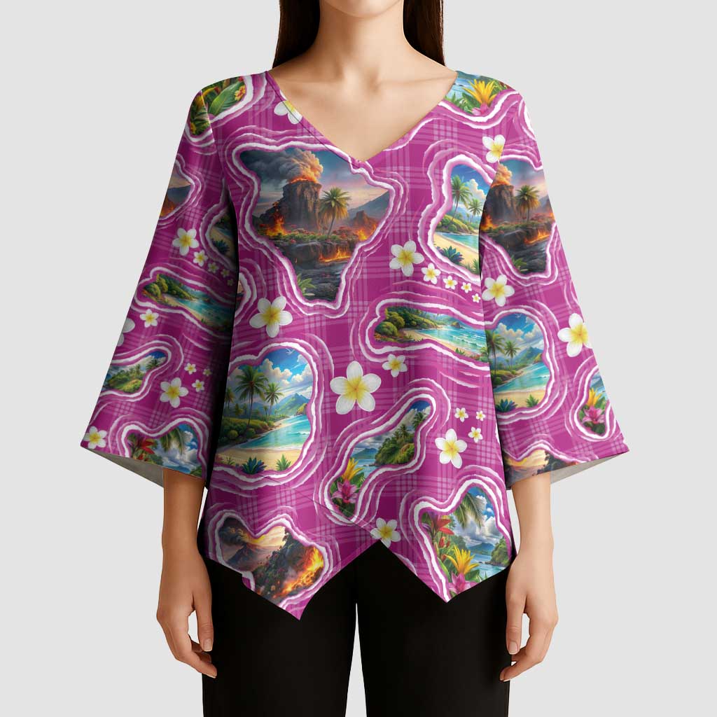 Hawaiian Island Shapes-Iconic Landscape Kimono Sleeve Blouse with Plumeria and Palaka Pink Color LT03 - Polynesian Pride