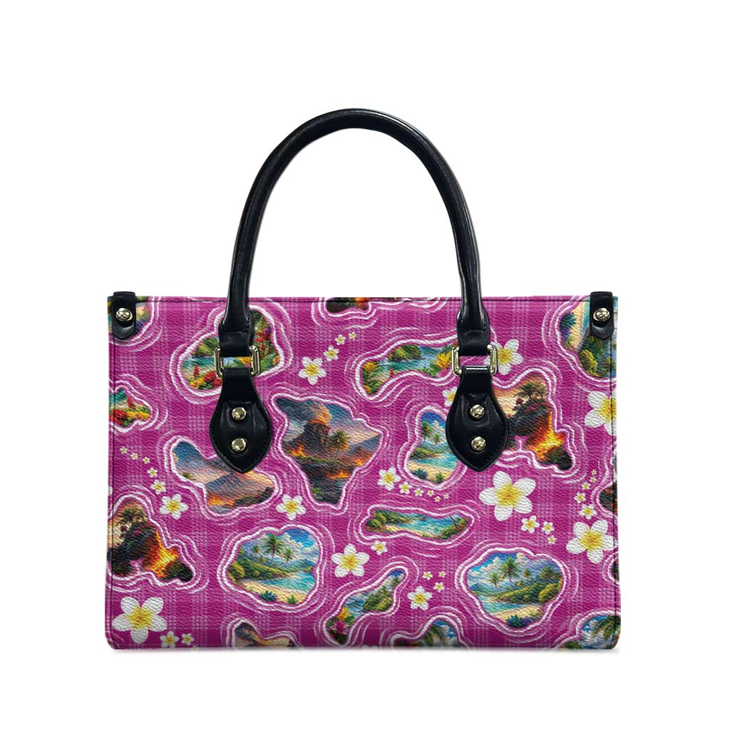 Hawaiian Island Shapes-Iconic Landscape Leather Bag with Plumeria and Palaka Pink Color LT03 - Polynesian Pride
