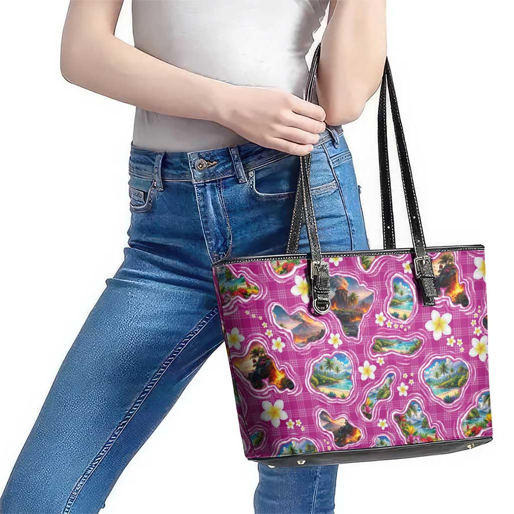 Hawaiian Island Shapes-Iconic Landscape Leather Tote Bag with Plumeria and Palaka Pink Color LT03 - Polynesian Pride