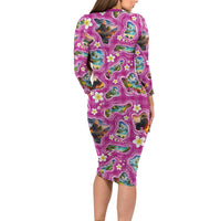 Hawaiian Island Shapes-Iconic Landscape Long Sleeve Bodycon Dress with Plumeria and Palaka Pink Color LT03 - Polynesian Pride
