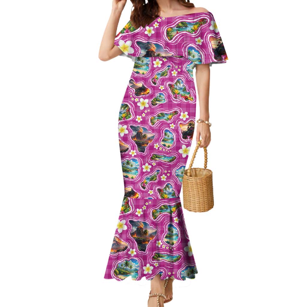 Hawaiian Island Shapes-Iconic Landscape Mermaid Dress with Plumeria and Palaka Pink Color