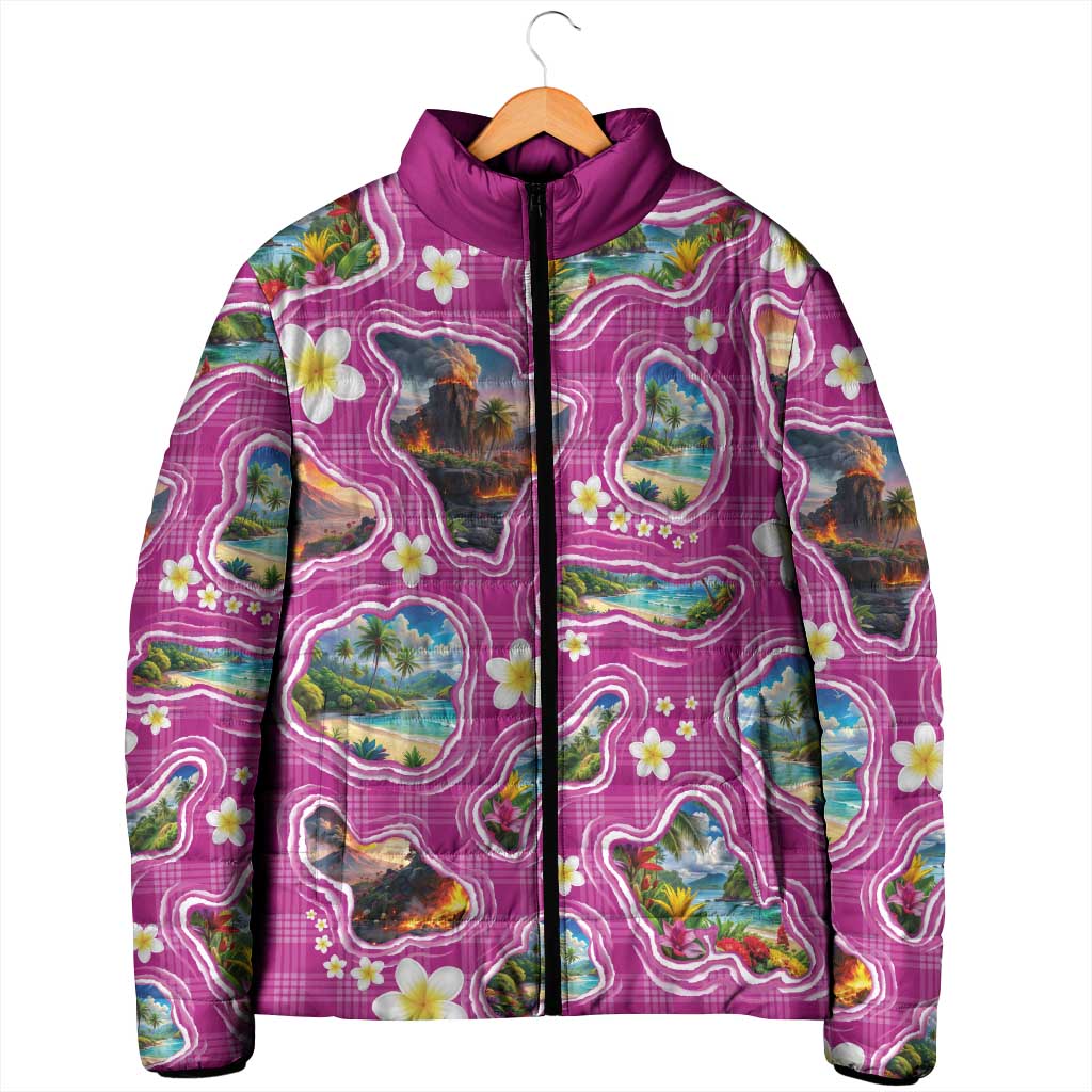 Hawaiian Island Shapes-Iconic Landscape Padded Jacket with Plumeria and Palaka Pink Color LT03 - Polynesian Pride