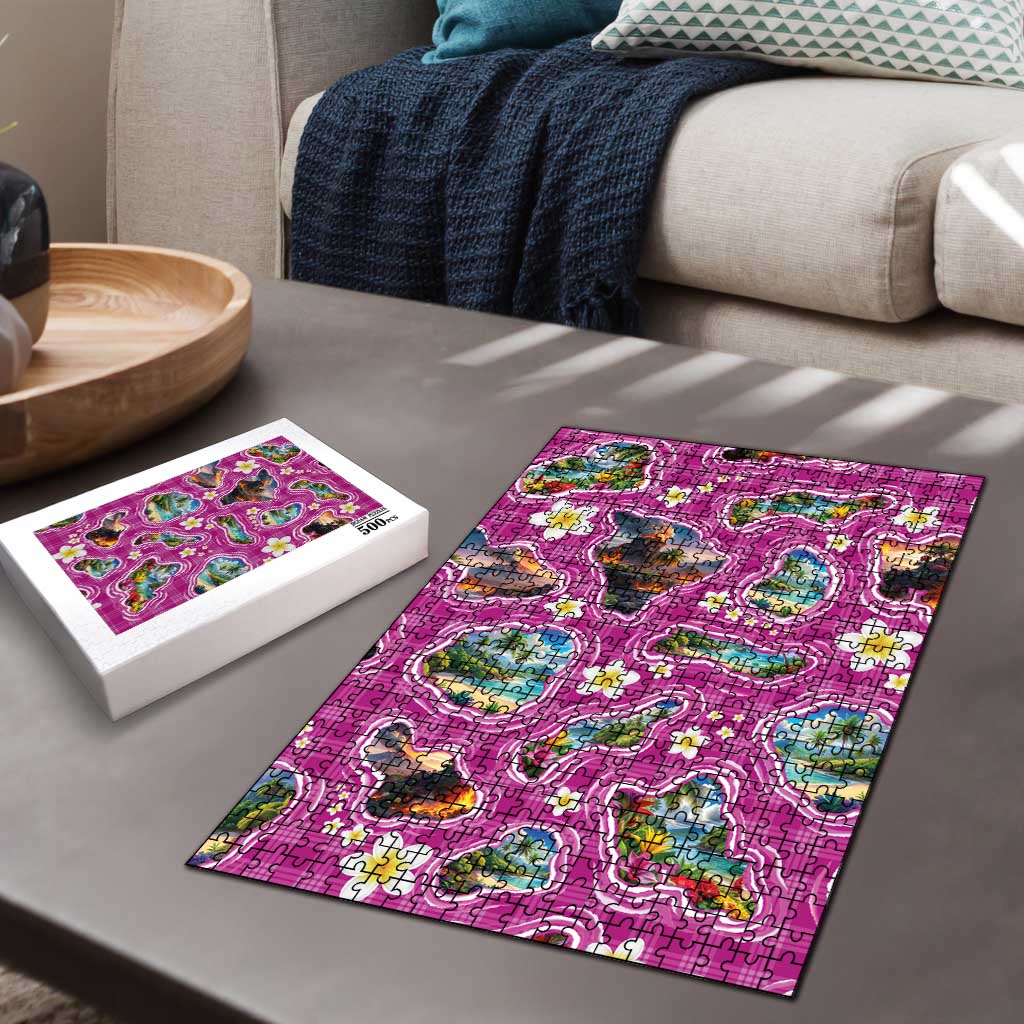 Hawaiian Island Shapes-Iconic Landscape Puzzle with Plumeria and Palaka Pink Color LT03 - Polynesian Pride