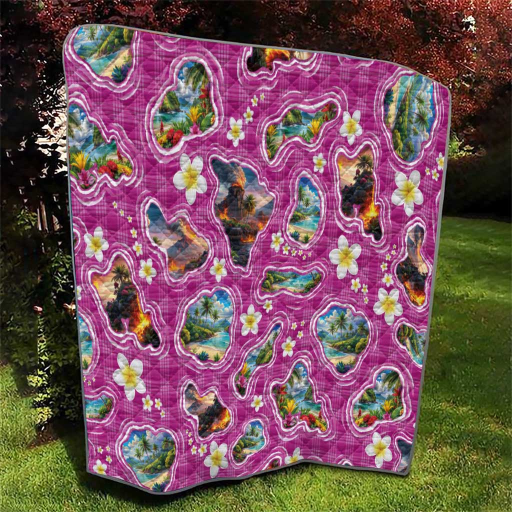 Hawaiian Island Shapes-Iconic Landscape Quilt with Plumeria and Palaka Pink Color LT03 - Polynesian Pride
