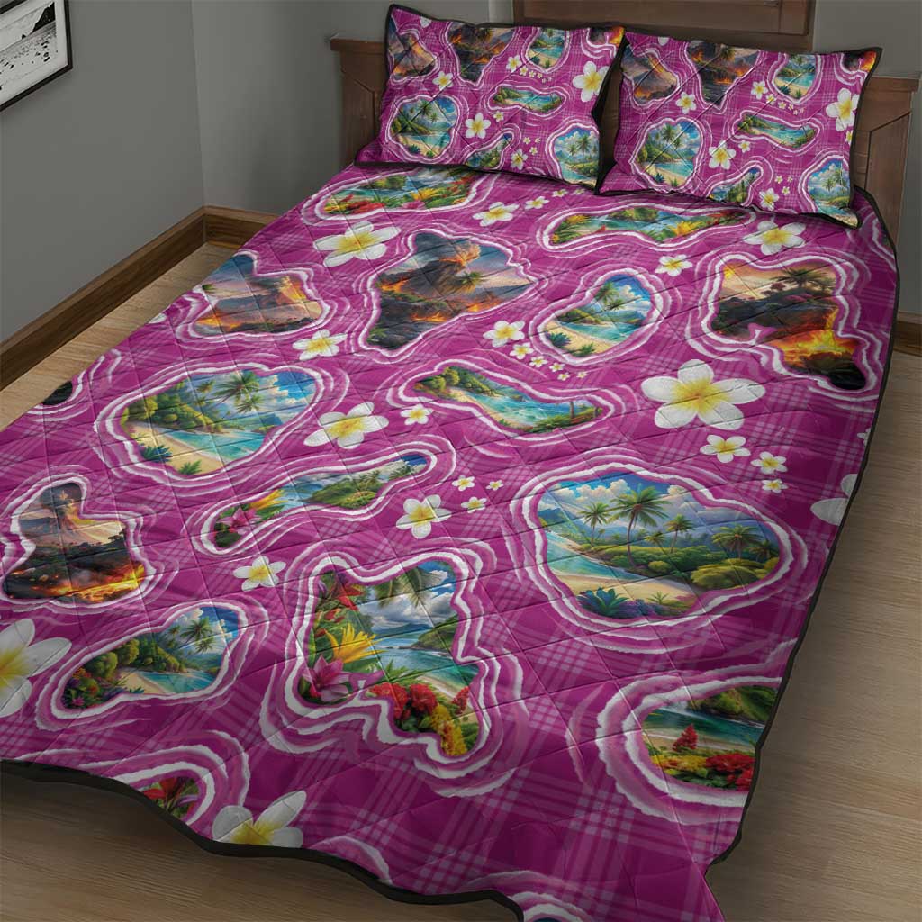 Hawaiian Island Shapes-Iconic Landscape Quilt Bed Set with Plumeria and Palaka Pink Color LT03 - Polynesian Pride