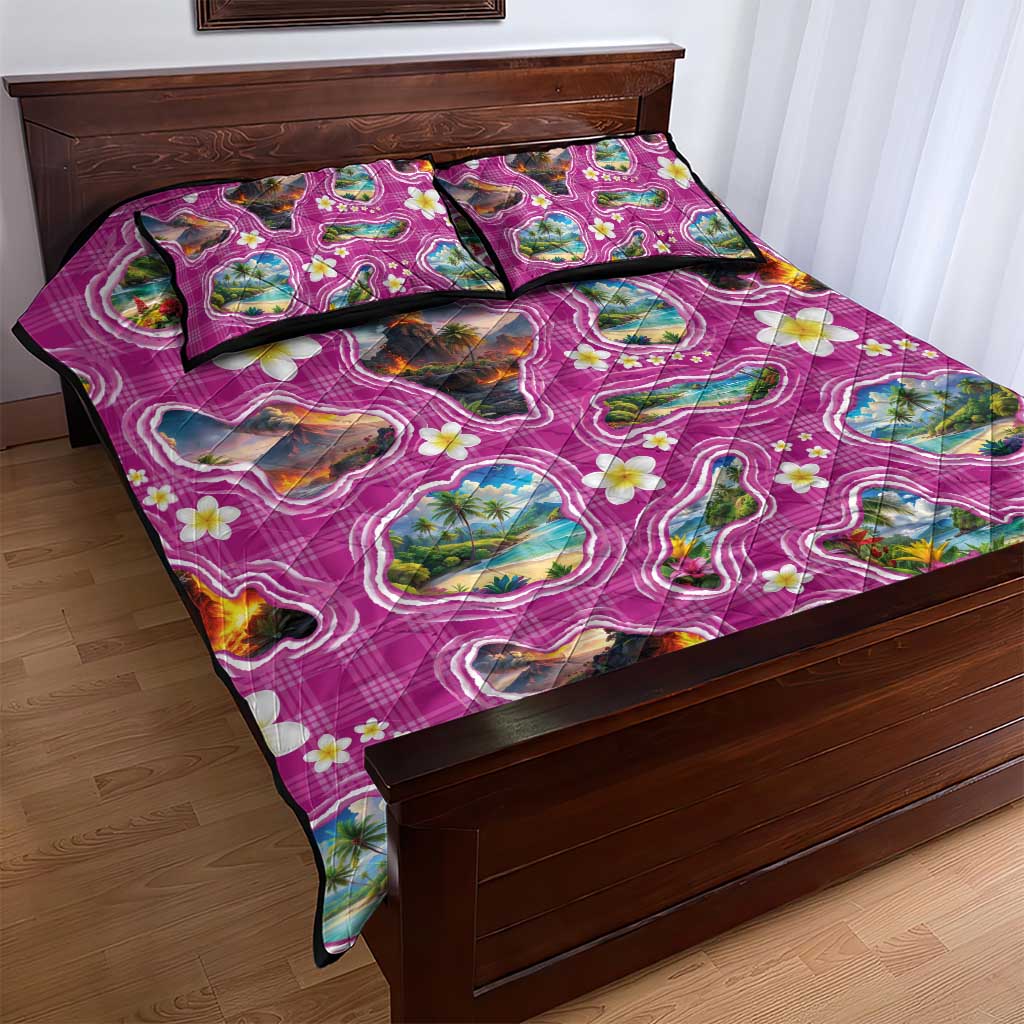 Hawaiian Island Shapes-Iconic Landscape Quilt Bed Set with Plumeria and Palaka Pink Color LT03 - Polynesian Pride