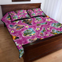 Hawaiian Island Shapes-Iconic Landscape Quilt Bed Set with Plumeria and Palaka Pink Color LT03 - Polynesian Pride