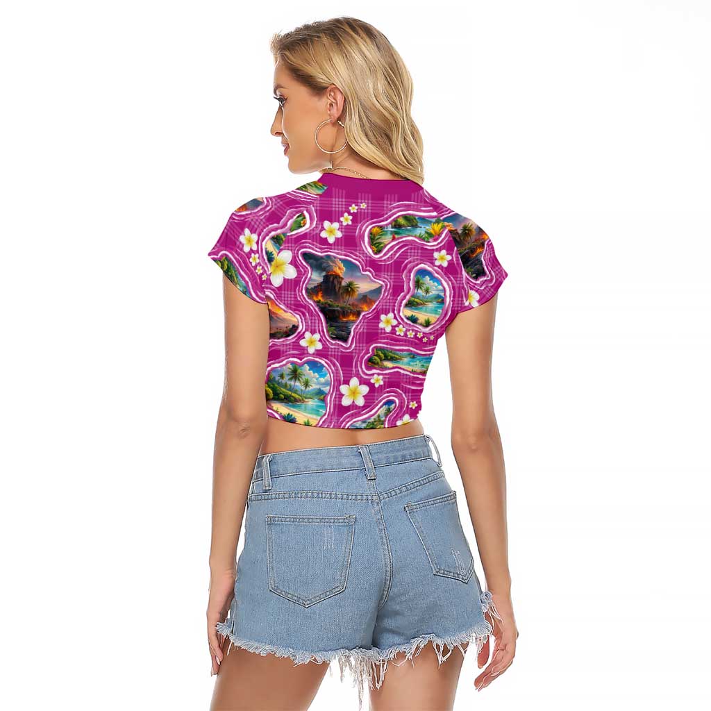 Hawaiian Island Shapes-Iconic Landscape Raglan Cropped T Shirt with Plumeria and Palaka Pink Color LT03 - Polynesian Pride