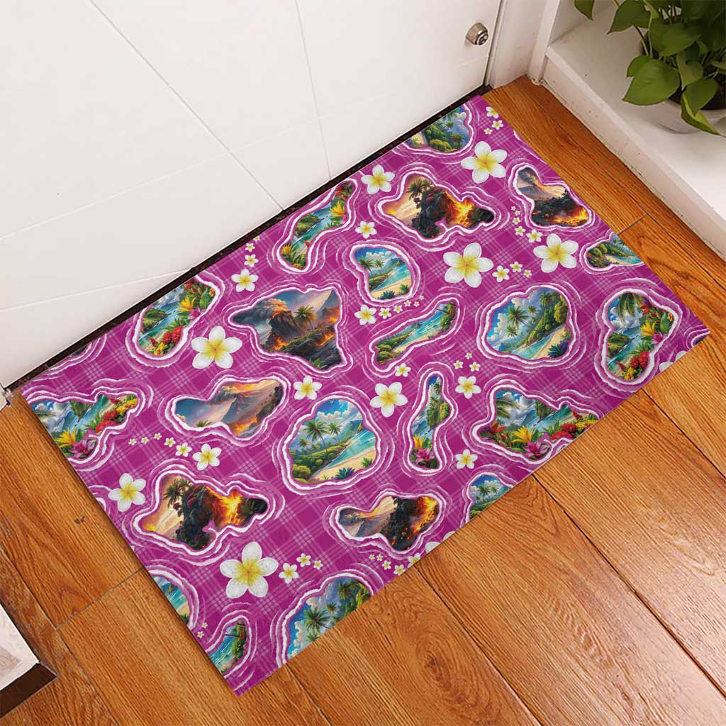 Hawaiian Island Shapes-Iconic Landscape Rubber Doormat with Plumeria and Palaka Pink Color LT03 - Polynesian Pride
