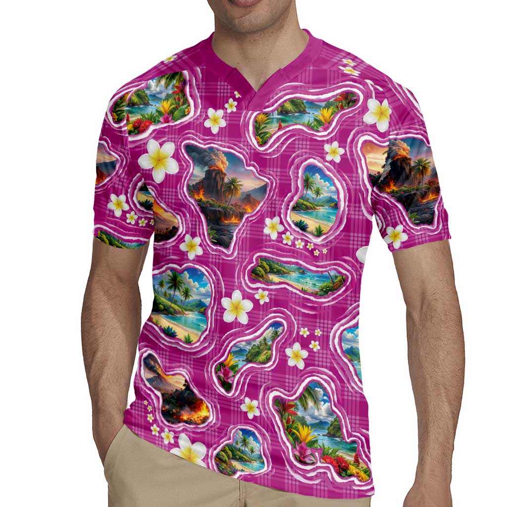 Hawaiian Island Shapes-Iconic Landscape Rugby Jersey with Plumeria and Palaka Pink Color LT03 - Polynesian Pride