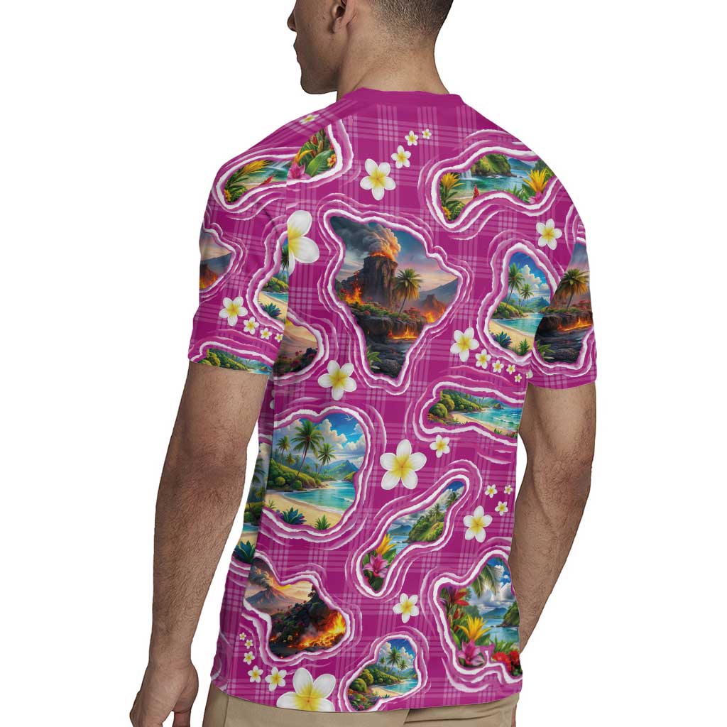 Hawaiian Island Shapes-Iconic Landscape Rugby Jersey with Plumeria and Palaka Pink Color LT03 - Polynesian Pride