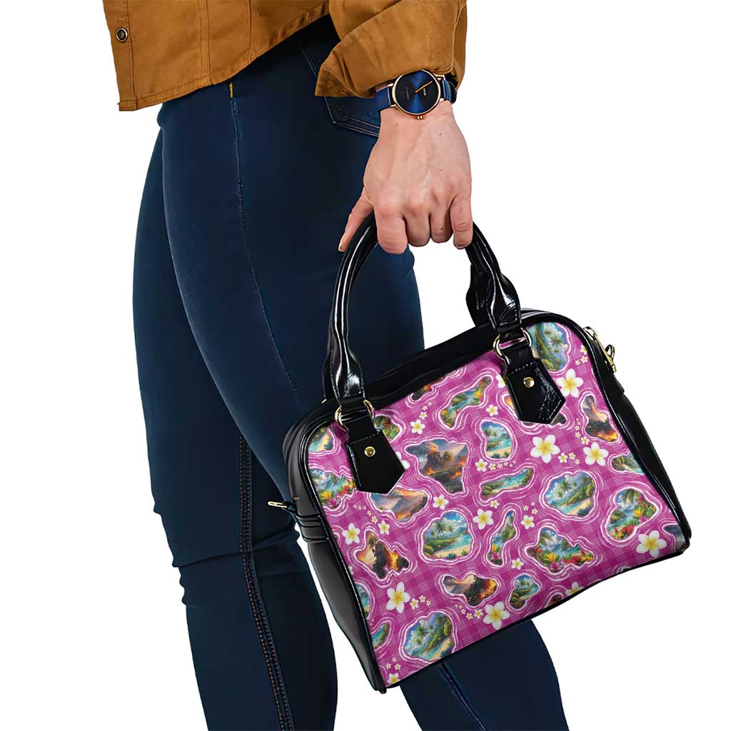 Hawaiian Island Shapes-Iconic Landscape Shoulder Handbag with Plumeria and Palaka Pink Color LT03 - Polynesian Pride