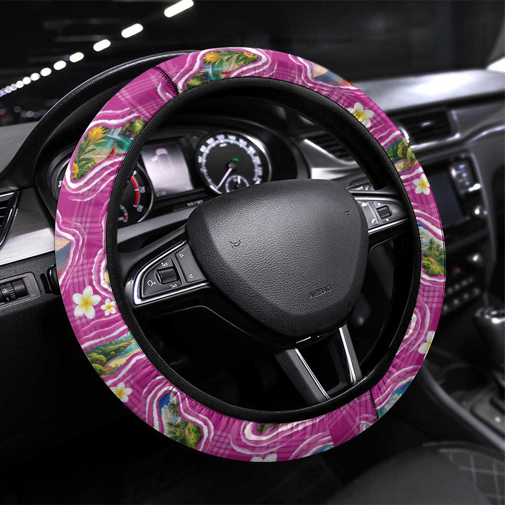 Hawaiian Island Shapes-Iconic Landscape Steering Wheel Cover with Plumeria and Palaka Pink Color LT03 Universal Fit Pink - Polynesian Pride