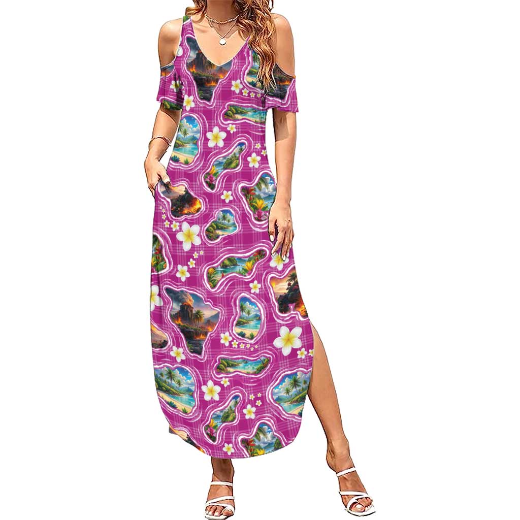 Hawaiian Island Shapes-Iconic Landscape Summer Maxi Dress with Plumeria and Palaka Pink Color