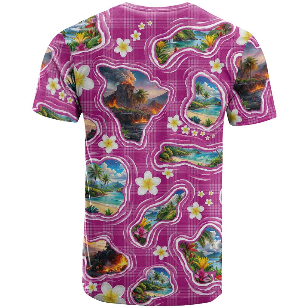 Hawaiian Island Shapes-Iconic Landscape T Shirt with Plumeria and Palaka Pink Color LT03 - Polynesian Pride