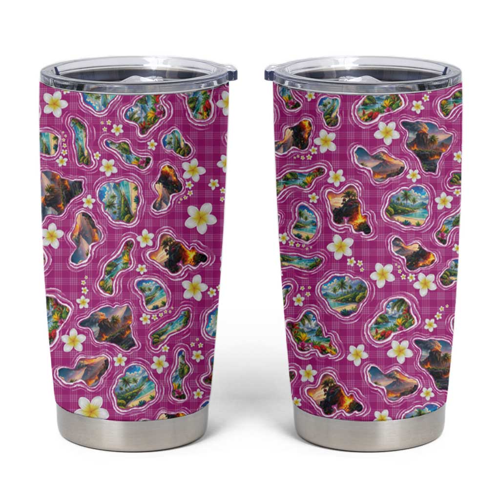 Hawaiian Island Shapes-Iconic Landscape Tumbler Cup with Plumeria and Palaka Pink Color LT03 Pink - Polynesian Pride