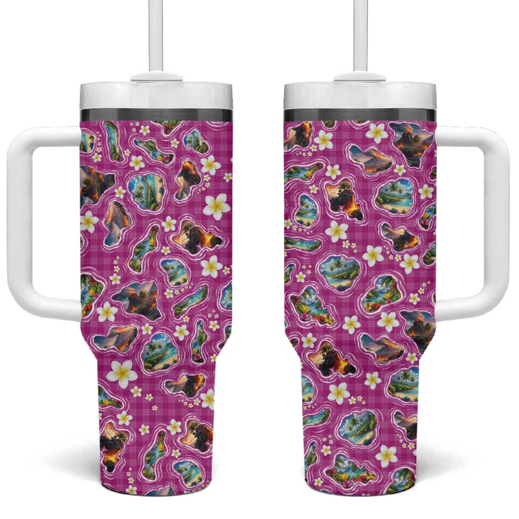 Hawaiian Island Shapes-Iconic Landscape Tumbler With Handle with Plumeria and Palaka Pink Color LT03 One Size: 40 oz Pink - Polynesian Pride