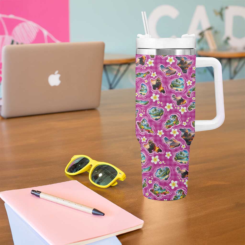 Hawaiian Island Shapes-Iconic Landscape Tumbler With Handle with Plumeria and Palaka Pink Color LT03 - Polynesian Pride