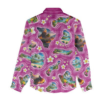 Hawaiian Island Shapes-Iconic Landscape Women Casual Shirt with Plumeria and Palaka Pink Color LT03 - Polynesian Pride