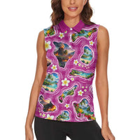 Hawaiian Island Shapes-Iconic Landscape Women Sleeveless Polo Shirt with Plumeria and Palaka Pink Color LT03 - Polynesian Pride
