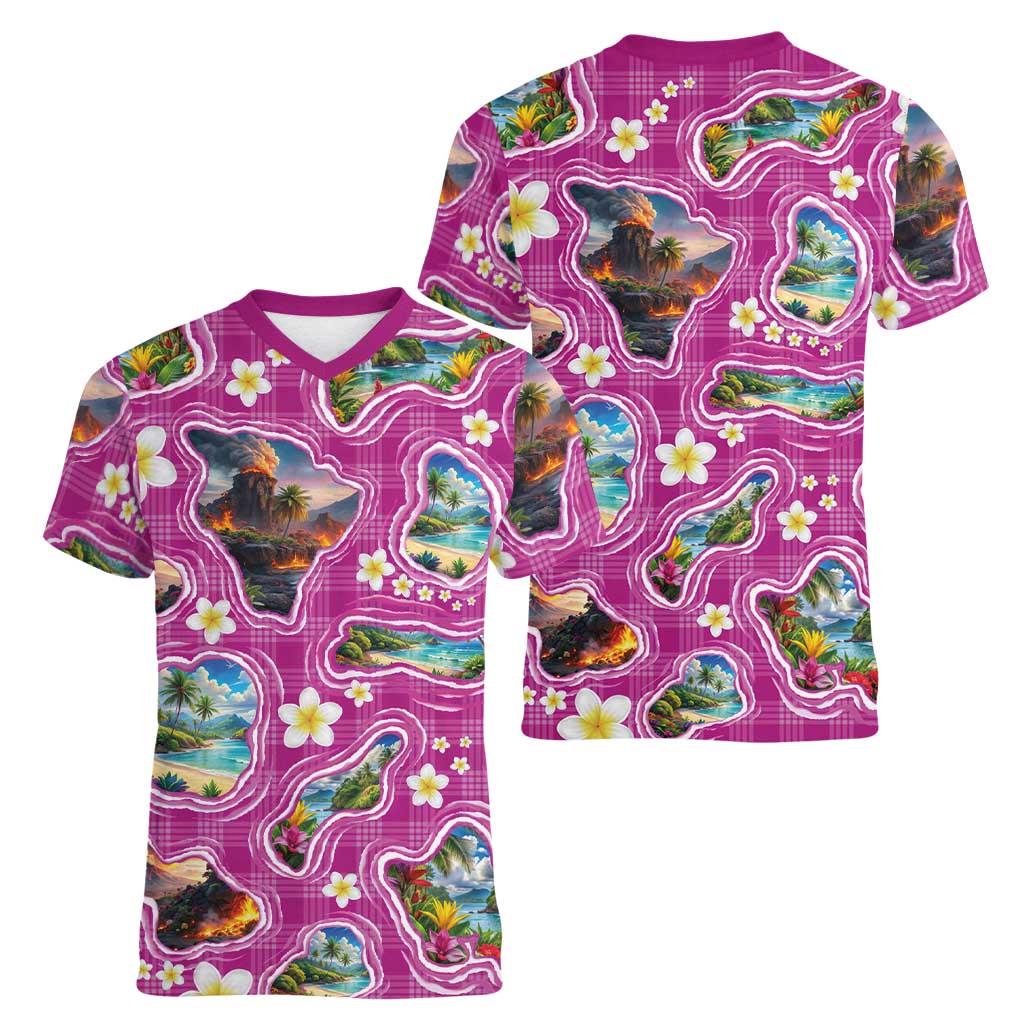 Hawaiian Island Shapes-Iconic Landscape Women V-Neck T-Shirt with Plumeria and Palaka Pink Color LT03 - Polynesian Pride